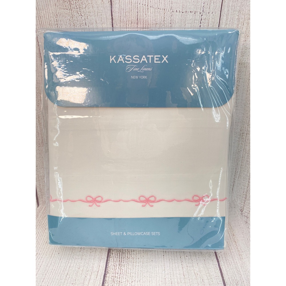 Kassatex Sheet Set King White Pink Embroidered Bows 100% Cotton Percale 4pc